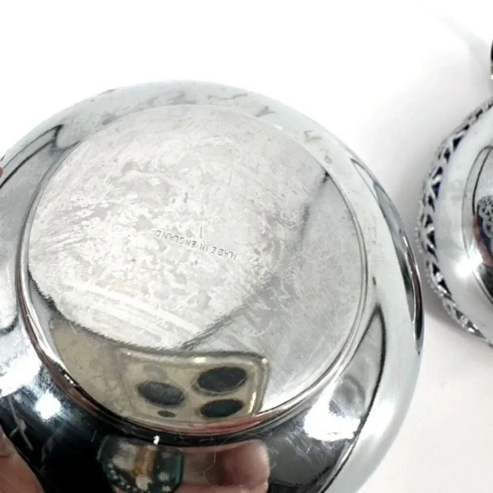 Vintage Silverplate Handle Glass Open Sugar and Creamer‎ Set Cobalt Blue Large